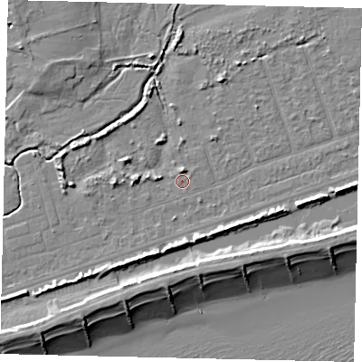 Shaded relief map of the ground around BN158ND, computed from Environment Agency LiDAR. The ground here sits at about 2 m above sea level and falls 9 m across the surrounding 800 m. The ground contributing surface water to this point lies to the east-north-east.