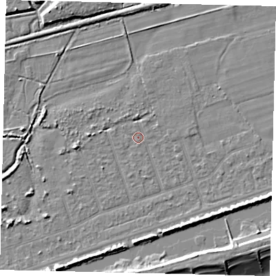 Shaded relief map of the ground around BN158NL, computed from Environment Agency LiDAR. The ground here sits at about 2 m above sea level and falls 9 m across the surrounding 800 m. Surface water reaching this point runs off ground lying to the south, 0.7 m higher.