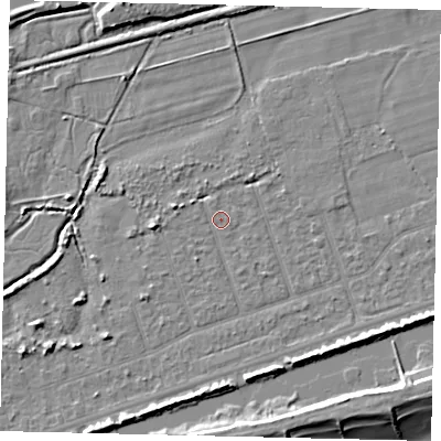 Shaded relief map of the ground around BN158NQ, computed from Environment Agency LiDAR. The ground here sits at about 2 m above sea level and falls 9 m across the surrounding 800 m. Surface water reaching this point runs off ground lying to the south-east, 0.7 m higher.