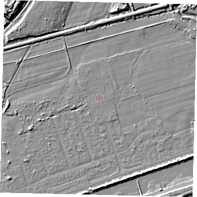 Shaded relief map of the ground around BN158NT, computed from Environment Agency LiDAR. The ground here sits at about 2 m above sea level and falls 8 m across the surrounding 800 m. The ground contributing surface water to this point lies to the east-south-east.