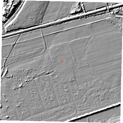 Shaded relief map of the ground around BN158NU, computed from Environment Agency LiDAR. The ground here sits at about 2 m above sea level and falls 8 m across the surrounding 800 m. Surface water reaching this point runs off ground lying to the west-north-west, 0.7 m higher.