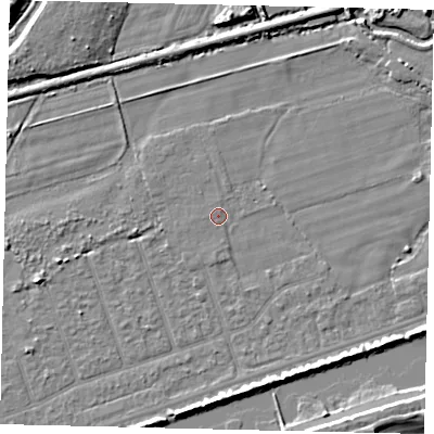 Shaded relief map of the ground around BN158NX, computed from Environment Agency LiDAR. The ground here sits at about 2 m above sea level and falls 6 m across the surrounding 800 m. Surface water reaching this point runs off ground lying to the south, 4.3 m higher.