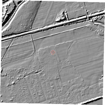 Shaded relief map of the ground around BN158NZ, computed from Environment Agency LiDAR. The ground here sits at about 2 m above sea level and falls 7 m across the surrounding 800 m. Surface water reaching this point runs off ground lying to the west, 0.5 m higher.