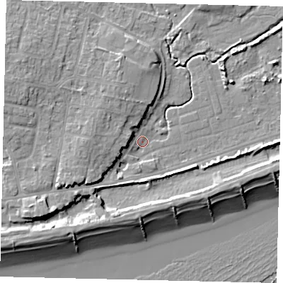 Shaded relief map of the ground around BN158PZ, computed from Environment Agency LiDAR. The ground here sits at about 2 m above sea level and falls 12 m across the surrounding 800 m. Surface water reaching this point runs off ground lying to the west-south-west, 6.0 m higher.