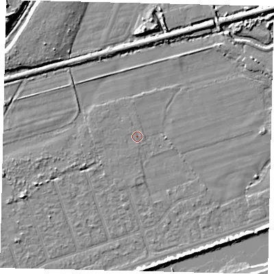 Shaded relief map of the ground around BN158QY, computed from Environment Agency LiDAR. The ground here sits at about 2 m above sea level and falls 7 m across the surrounding 800 m. Surface water reaching this point runs off ground lying to the west-north-west, 0.6 m higher.