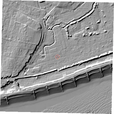 Shaded relief map of the ground around BN158QZ, computed from Environment Agency LiDAR. The ground here sits at about 2 m above sea level and falls 11 m across the surrounding 800 m. Surface water reaching this point runs off ground lying to the north-north-east, 0.7 m higher.