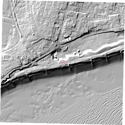 Shaded relief map of the ground around BN158RA, computed from Environment Agency LiDAR. The ground here sits at about 6 m above sea level and falls 12 m across the surrounding 800 m. Surface water reaching this point runs off ground lying to the east-south-east, 2.7 m higher.