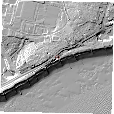 Shaded relief map of the ground around BN158RH, computed from Environment Agency LiDAR. The ground here sits at about 8 m above sea level and falls 12 m across the surrounding 800 m. Surface water reaching this point runs off ground lying to the north-north-east, 1.0 m higher.