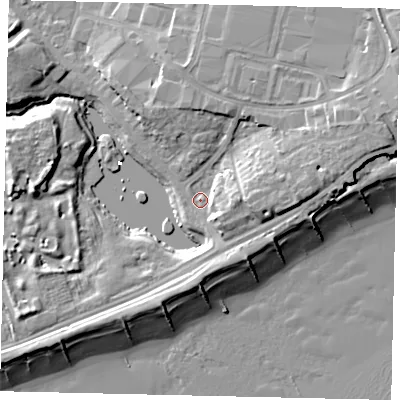 Shaded relief map of the ground around BN158RR, computed from Environment Agency LiDAR. The ground here sits at about 3 m above sea level and falls 12 m across the surrounding 800 m. Surface water reaching this point runs off ground lying to the east-north-east, 6.9 m higher.