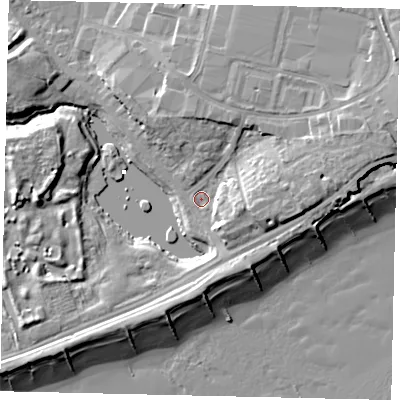 Shaded relief map of the ground around BN158RT, computed from Environment Agency LiDAR. The ground here sits at about 2 m above sea level and falls 12 m across the surrounding 800 m. Surface water reaching this point runs off ground lying to the east-north-east, 6.9 m higher.