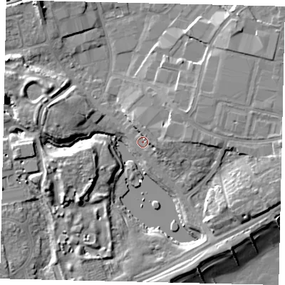 Shaded relief map of the ground around BN158RX, computed from Environment Agency LiDAR. The ground here sits at about 3 m above sea level and falls 12 m across the surrounding 800 m. Surface water reaching this point runs off ground lying to the east-north-east, 3.2 m higher.