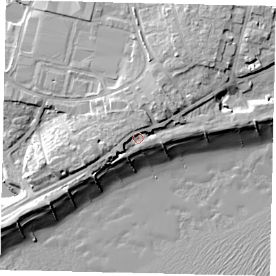 Shaded relief map of the ground around BN158SN, computed from Environment Agency LiDAR. The ground here sits at about 6 m above sea level and falls 12 m across the surrounding 800 m. Surface water reaching this point runs off ground lying to the west-south-west, 3.7 m higher.