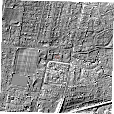 Shaded relief map of the ground around BN159BH, computed from Environment Agency LiDAR. The ground here sits at about 4 m above sea level and falls 10 m across the surrounding 800 m. Surface water reaching this point runs off ground lying to the west, 1.2 m higher.
