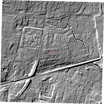 Shaded relief map of the ground around BN159BT, computed from Environment Agency LiDAR. The ground here sits at about 5 m above sea level and falls 10 m across the surrounding 800 m. Surface water reaching this point runs off ground lying to the west, 1.7 m higher.