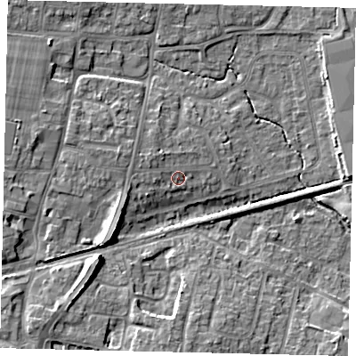 Shaded relief map of the ground around BN159BU, computed from Environment Agency LiDAR. The ground here sits at about 5 m above sea level and falls 10 m across the surrounding 800 m. Surface water reaching this point runs off ground lying to the west-south-west, 2.6 m higher.