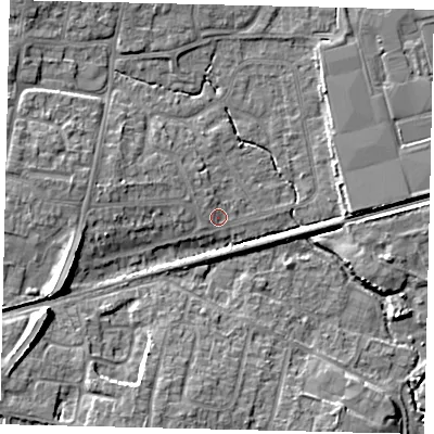 Shaded relief map of the ground around BN159BX, computed from Environment Agency LiDAR. The ground here sits at about 3 m above sea level and falls 11 m across the surrounding 800 m. Surface water reaching this point runs off ground lying to the west-south-west, 9.7 m higher.