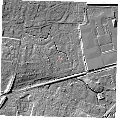 Shaded relief map of the ground around BN159BY, computed from Environment Agency LiDAR. The ground here sits at about 2 m above sea level and falls 11 m across the surrounding 800 m. Surface water reaching this point runs off ground lying to the west-south-west, 5.5 m higher.