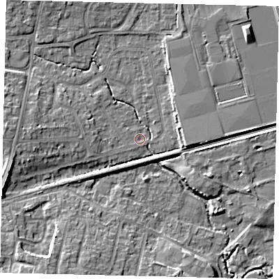 Shaded relief map of the ground around BN159BZ, computed from Environment Agency LiDAR. The ground here sits at about 2 m above sea level and falls 10 m across the surrounding 800 m. Surface water reaching this point runs off ground lying to the west-south-west, 2.8 m higher.