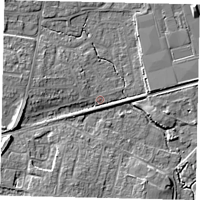 Shaded relief map of the ground around BN159DA, computed from Environment Agency LiDAR. The ground here sits at about 3 m above sea level and falls 11 m across the surrounding 800 m. Surface water reaching this point runs off ground lying to the east, 4.2 m higher.