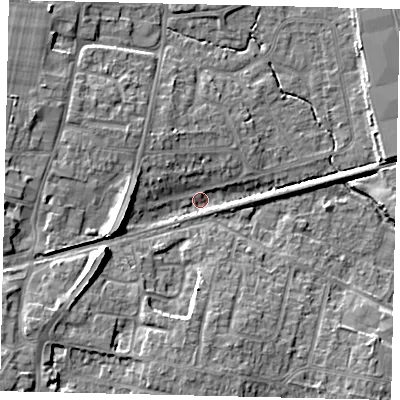 Shaded relief map of the ground around BN159DB, computed from Environment Agency LiDAR. The ground here sits at about 3 m above sea level and falls 10 m across the surrounding 800 m. Surface water reaching this point runs off ground lying to the west-south-west, 9.8 m higher.