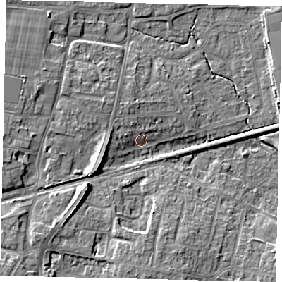 Shaded relief map of the ground around BN159DD, computed from Environment Agency LiDAR. The ground here sits at about 4 m above sea level and falls 10 m across the surrounding 800 m. Surface water reaching this point runs off ground lying to the west-south-west, 5.2 m higher.