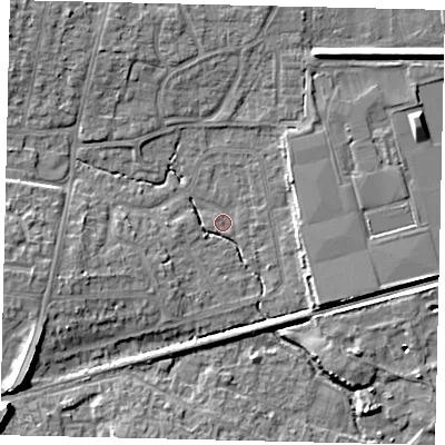 Shaded relief map of the ground around BN159DE, computed from Environment Agency LiDAR. The ground here sits at about 2 m above sea level and falls 10 m across the surrounding 800 m. Surface water reaching this point runs off ground lying to the south-west, 2.6 m higher.