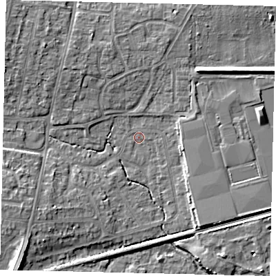 Shaded relief map of the ground around BN159DF, computed from Environment Agency LiDAR. The ground here sits at about 2 m above sea level and falls 9 m across the surrounding 800 m. Surface water reaching this point runs off ground lying to the south-west, 4.9 m higher.