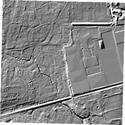 Shaded relief map of the ground around BN159DG, computed from Environment Agency LiDAR. The ground here sits at about 3 m above sea level and falls 7 m across the surrounding 800 m. Surface water reaching this point runs off ground lying to the west-south-west, 5.4 m higher.