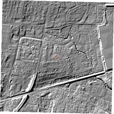 Shaded relief map of the ground around BN159DH, computed from Environment Agency LiDAR. The ground here sits at about 4 m above sea level and falls 10 m across the surrounding 800 m. Surface water reaching this point runs off ground lying to the west-south-west, 2.4 m higher.