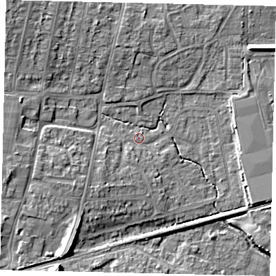 Shaded relief map of the ground around BN159DJ, computed from Environment Agency LiDAR. The ground here sits at about 3 m above sea level and falls 10 m across the surrounding 800 m. Surface water reaching this point runs off ground lying to the south-west, 4.9 m higher.