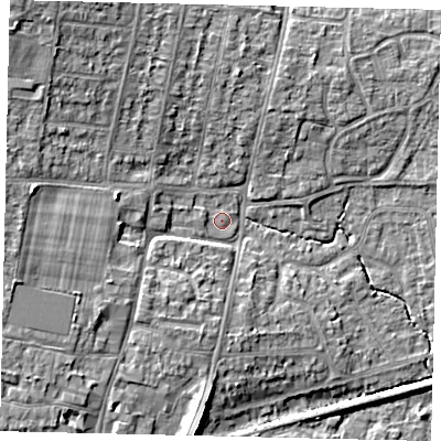 Shaded relief map of the ground around BN159DP, computed from Environment Agency LiDAR. The ground here sits at about 3 m above sea level and falls 10 m across the surrounding 800 m. Surface water reaching this point runs off ground lying to the west, 2.4 m higher.