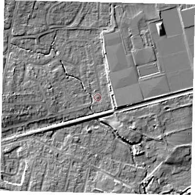 Shaded relief map of the ground around BN159DQ, computed from Environment Agency LiDAR. The ground here sits at about 2 m above sea level and falls 8 m across the surrounding 800 m. Surface water reaching this point runs off ground lying to the east-south-east, 4.2 m higher.