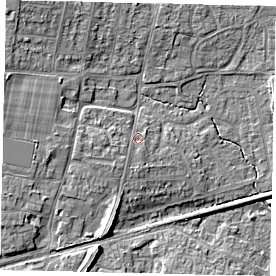 Shaded relief map of the ground around BN159DR, computed from Environment Agency LiDAR. The ground here sits at about 5 m above sea level and falls 10 m across the surrounding 800 m. Surface water reaching this point runs off ground lying to the south-south-west, 6.3 m higher.