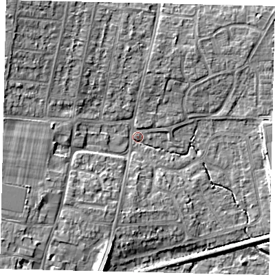 Shaded relief map of the ground around BN159DS, computed from Environment Agency LiDAR. The ground here sits at about 3 m above sea level and falls 9 m across the surrounding 800 m. Surface water reaching this point runs off ground lying to the south-south-west, 8.2 m higher.