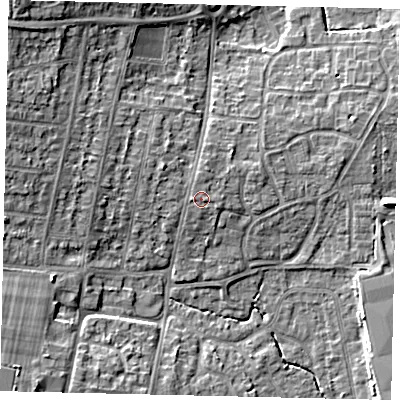 Shaded relief map of the ground around BN159DT, computed from Environment Agency LiDAR. The ground here sits at about 5 m above sea level and falls 11 m across the surrounding 800 m. Surface water reaching this point runs off ground lying to the north, 0.7 m higher.