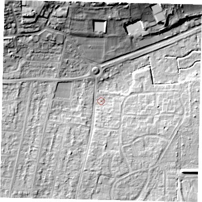 Shaded relief map of the ground around BN159DU, computed from Environment Agency LiDAR. The ground here sits at about 4 m above sea level and falls 24 m across the surrounding 800 m. Surface water reaching this point runs off ground lying to the north-west, 22.1 m higher.
