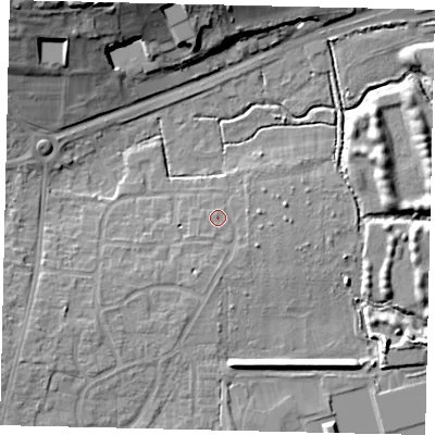 Shaded relief map of the ground around BN159DW, computed from Environment Agency LiDAR. The ground here sits at about 4 m above sea level and falls 19 m across the surrounding 800 m. Surface water reaching this point runs off ground lying to the south-south-west, 1.7 m higher.