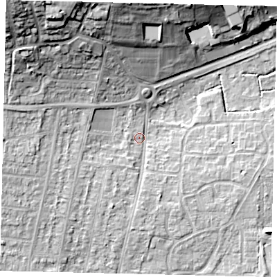 Shaded relief map of the ground around BN159DY, computed from Environment Agency LiDAR. The ground here sits at about 4 m above sea level and falls 25 m across the surrounding 800 m. Surface water reaching this point runs off ground lying to the west-south-west, 3.2 m higher.