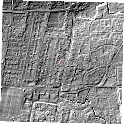 Shaded relief map of the ground around BN159DZ, computed from Environment Agency LiDAR. The ground here sits at about 6 m above sea level and falls 12 m across the surrounding 800 m. Surface water reaching this point runs off ground lying to the north-north-west, 1.2 m higher.