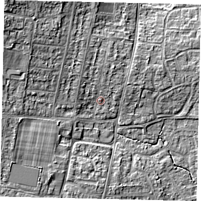Shaded relief map of the ground around BN159EA, computed from Environment Agency LiDAR. The ground here sits at about 5 m above sea level and falls 11 m across the surrounding 800 m. Surface water reaching this point runs off ground lying to the north, 2.2 m higher.