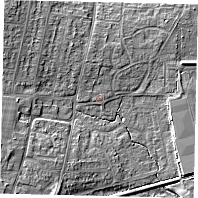 Shaded relief map of the ground around BN159EE, computed from Environment Agency LiDAR. The ground here sits at about 4 m above sea level and falls 8 m across the surrounding 800 m. The ground contributing surface water to this point lies to the north-west.