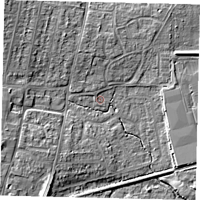 Shaded relief map of the ground around BN159EF, computed from Environment Agency LiDAR. The ground here sits at about 3 m above sea level and falls 9 m across the surrounding 800 m. Surface water reaching this point runs off ground lying to the north-west, 6.6 m higher.