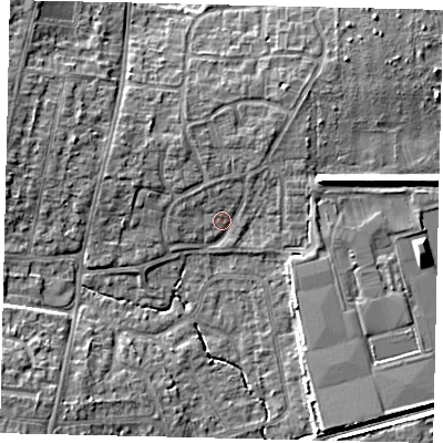 Shaded relief map of the ground around BN159EG, computed from Environment Agency LiDAR. The ground here sits at about 4 m above sea level and falls 7 m across the surrounding 800 m. Surface water reaching this point runs off ground lying to the north-north-east, 2.3 m higher.