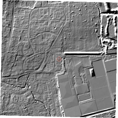 Shaded relief map of the ground around BN159EH, computed from Environment Agency LiDAR. The ground here sits at about 4 m above sea level and falls 7 m across the surrounding 800 m. Surface water reaching this point runs off ground lying to the north-east, 0.8 m higher.