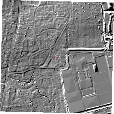 Shaded relief map of the ground around BN159EJ, computed from Environment Agency LiDAR. The ground here sits at about 4 m above sea level and falls 7 m across the surrounding 800 m. Surface water reaching this point runs off ground lying to the north, 1.8 m higher.