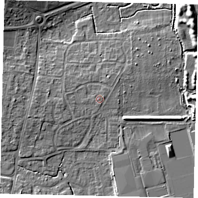 Shaded relief map of the ground around BN159EN, computed from Environment Agency LiDAR. The ground here sits at about 5 m above sea level and falls 9 m across the surrounding 800 m. The ground contributing surface water to this point lies to the north-north-east.