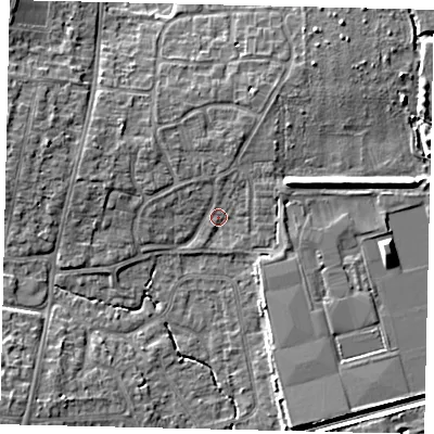 Shaded relief map of the ground around BN159EQ, computed from Environment Agency LiDAR. The ground here sits at about 4 m above sea level and falls 7 m across the surrounding 800 m. Surface water reaching this point runs off ground lying to the north, 1.8 m higher.