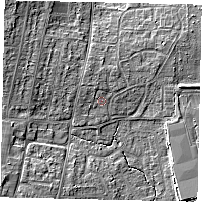 Shaded relief map of the ground around BN159ER, computed from Environment Agency LiDAR. The ground here sits at about 4 m above sea level and falls 8 m across the surrounding 800 m. Surface water reaching this point runs off ground lying to the north-west, 1.8 m higher.