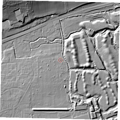 Shaded relief map of the ground around BN159ES, computed from Environment Agency LiDAR. The ground here sits at about 3 m above sea level and falls 23 m across the surrounding 800 m. Surface water reaching this point runs off ground lying to the south-west, 1.9 m higher.
