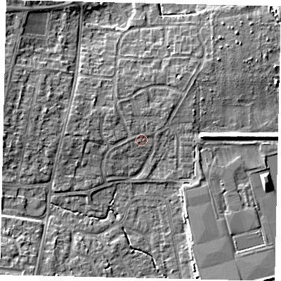 Shaded relief map of the ground around BN159EW, computed from Environment Agency LiDAR. The ground here sits at about 5 m above sea level and falls 7 m across the surrounding 800 m. Surface water reaching this point runs off ground lying to the north-north-east, 1.2 m higher.
